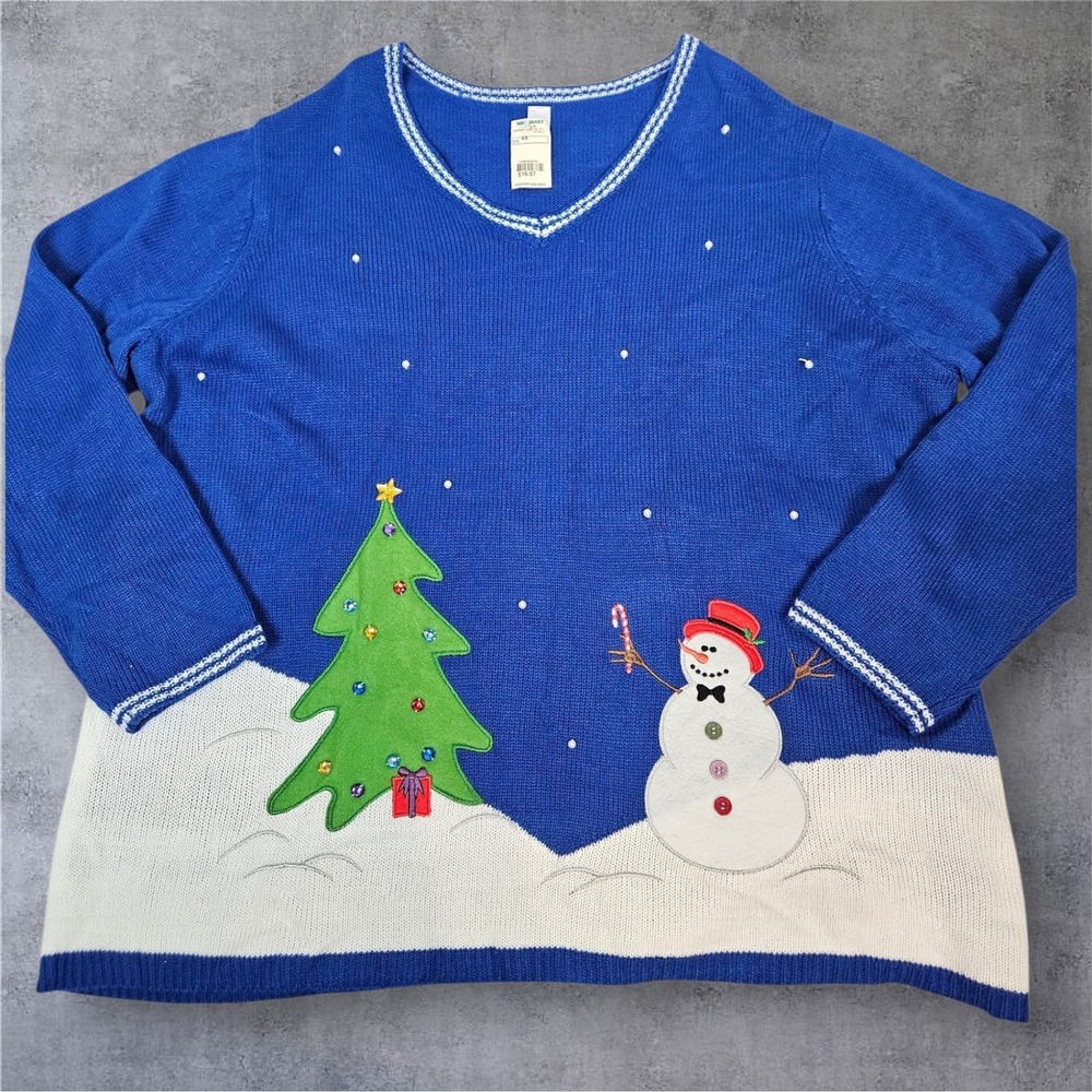 Vintage Walmart Snowman Christmas Tree V-Neck Long Sleeve Sweater 4X NWT V12